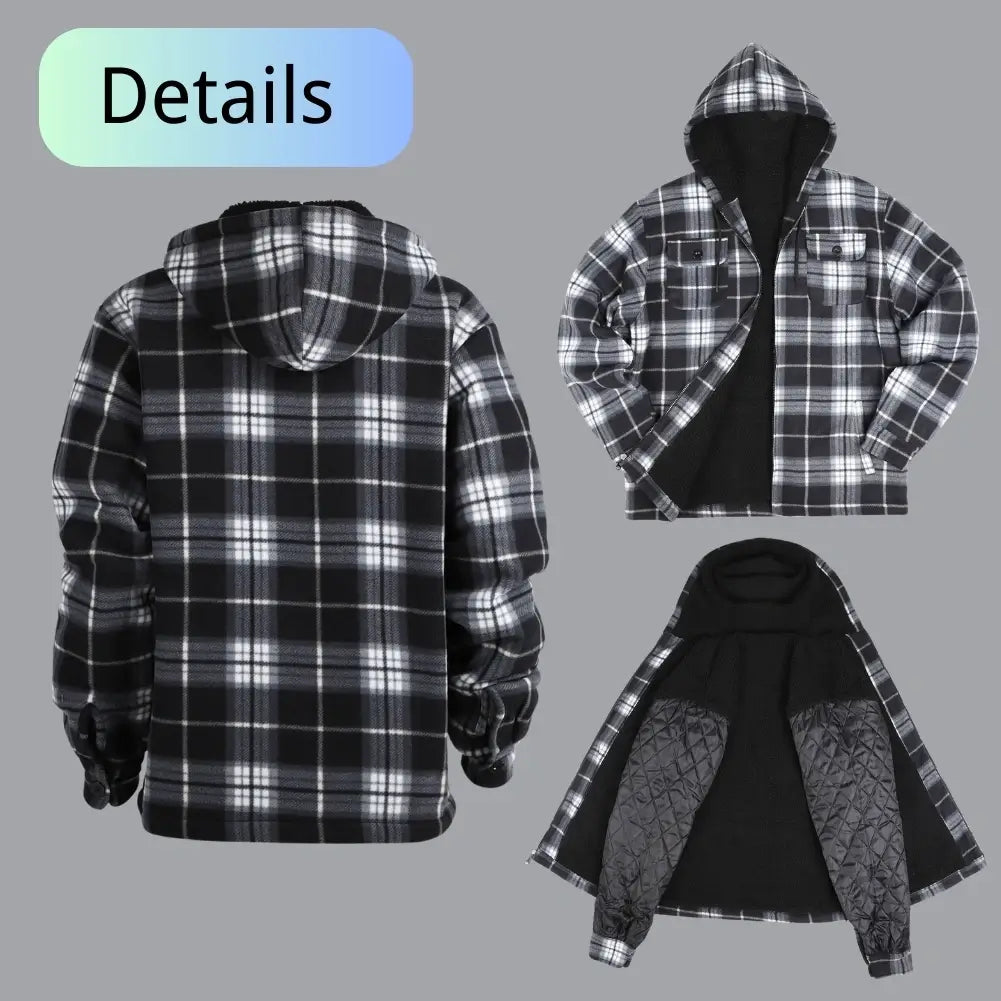 Men’s Plaid Sherpa Lined Jacket Black Inside Details